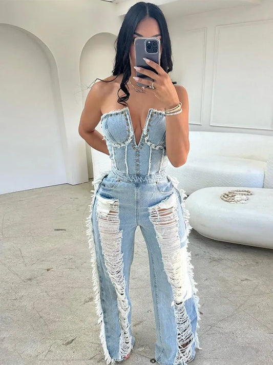 Sibybo Tassel Hollow Out  Overalls For Women Studded Diamond Strapless Backless Jeans Street Fashion Trend Jumpsuite Femme