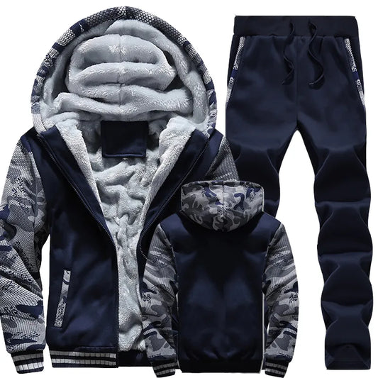 Men Winter Tracksuit Sets Thick Warm Jacket Zipper Hooded Sweatshirt Coat+Pants Brand Sportswear Casual Fleece Outwear Hoody men tracksuit