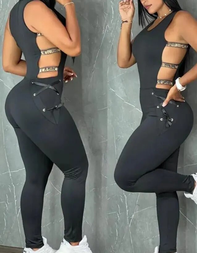 Women's Jumpsuit 2023 Summer Fashion Letter Pattern Sleeveless Sexy Ladder Cutout Round Neck Skinny Casual Daily Long Jumpsuit