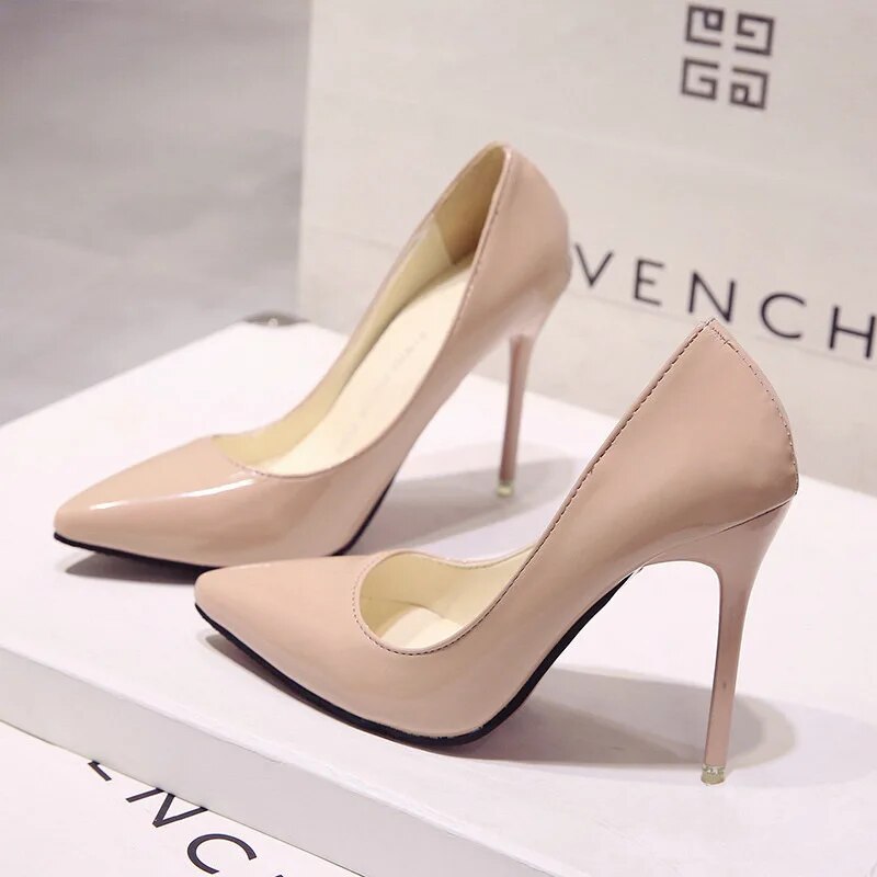 New Nude Pumps for Women High Heel Shoes Female Fashion Patent Leather Sexy Pointed Toe Thin Heel Wedding Shoes Plus Size 34-44 heels