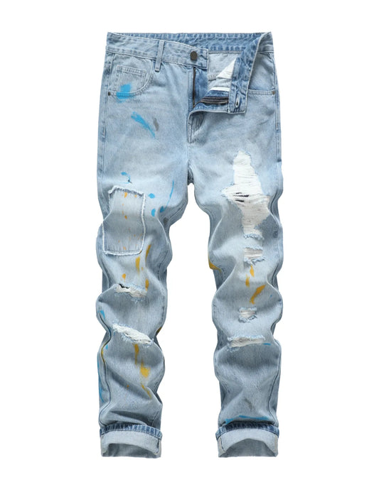 Men's Slim Fit Slashed and ripped Denim with Stylish Paint-Causal Fashion Street Style