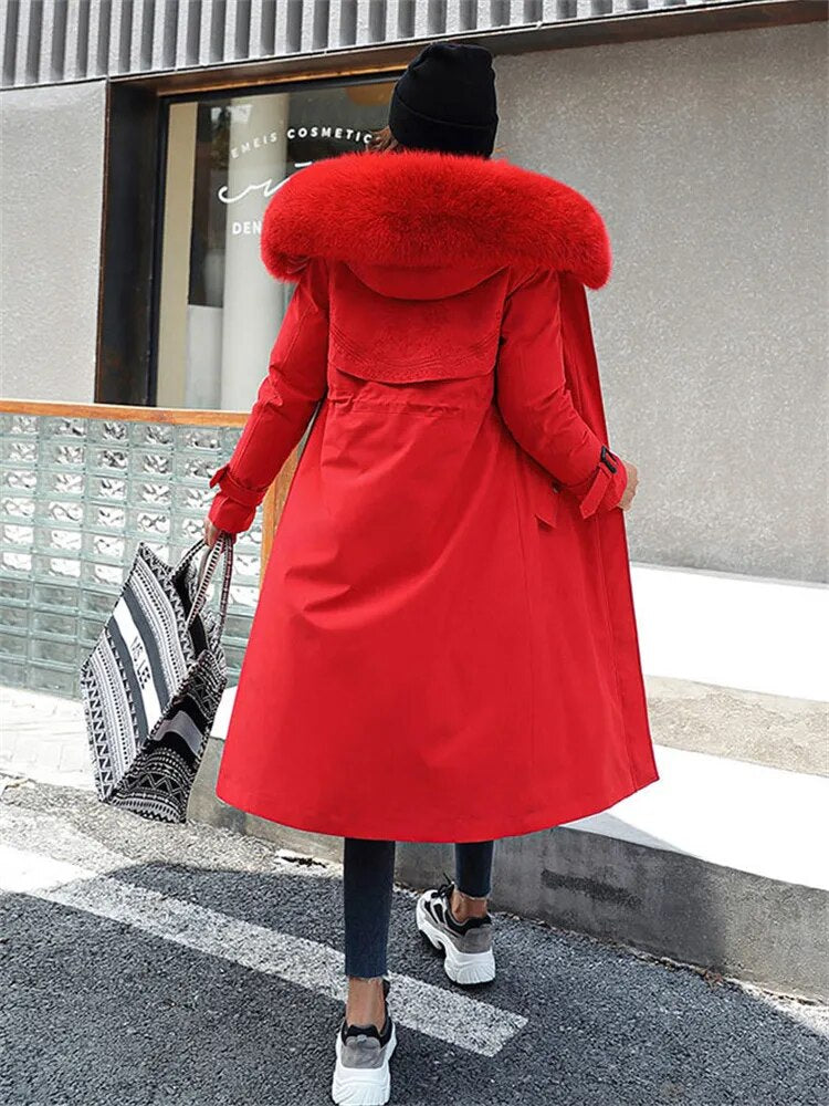 Winter Coat Women Red Add Wool Thick Imitation Mink Fur Collar Hooded Parkas Jackets 2022 New Embroidery Long Knee-length Coats