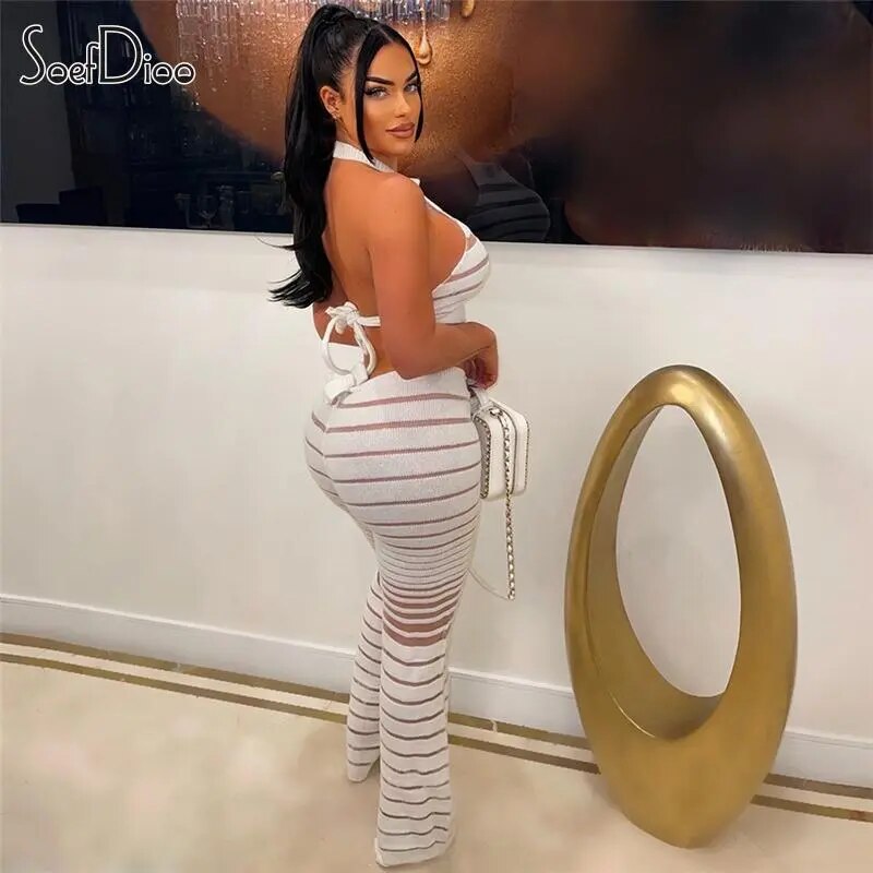 Soefdioo Mesh Patchwork Knitted Women's Set Backless Tank Tops and Pants 2023 Fashion Matched Two Piece Sets Outfits Tracksuits