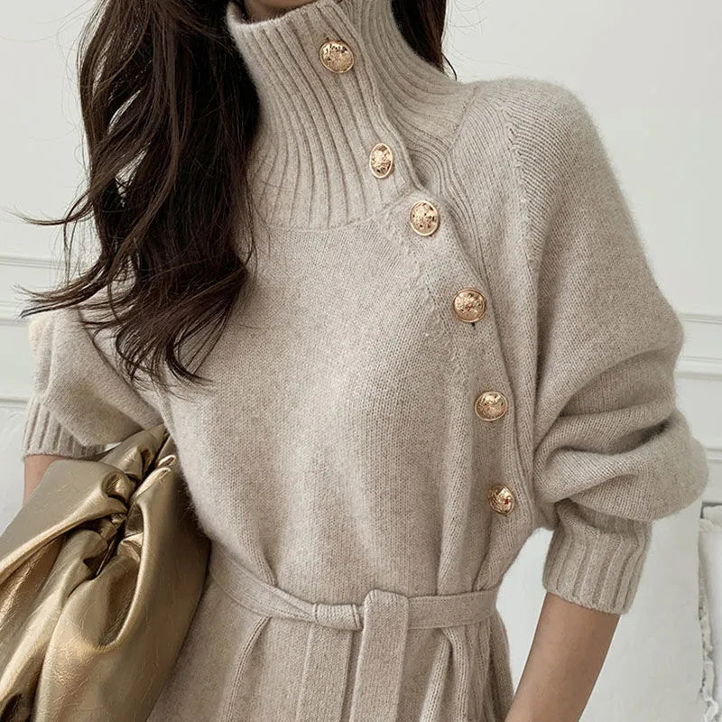 Dresses for Women Turtleneck Sweaters Female Clothing Long Sleeves Belt Pullovers Button Skirts Autumn Winter dress