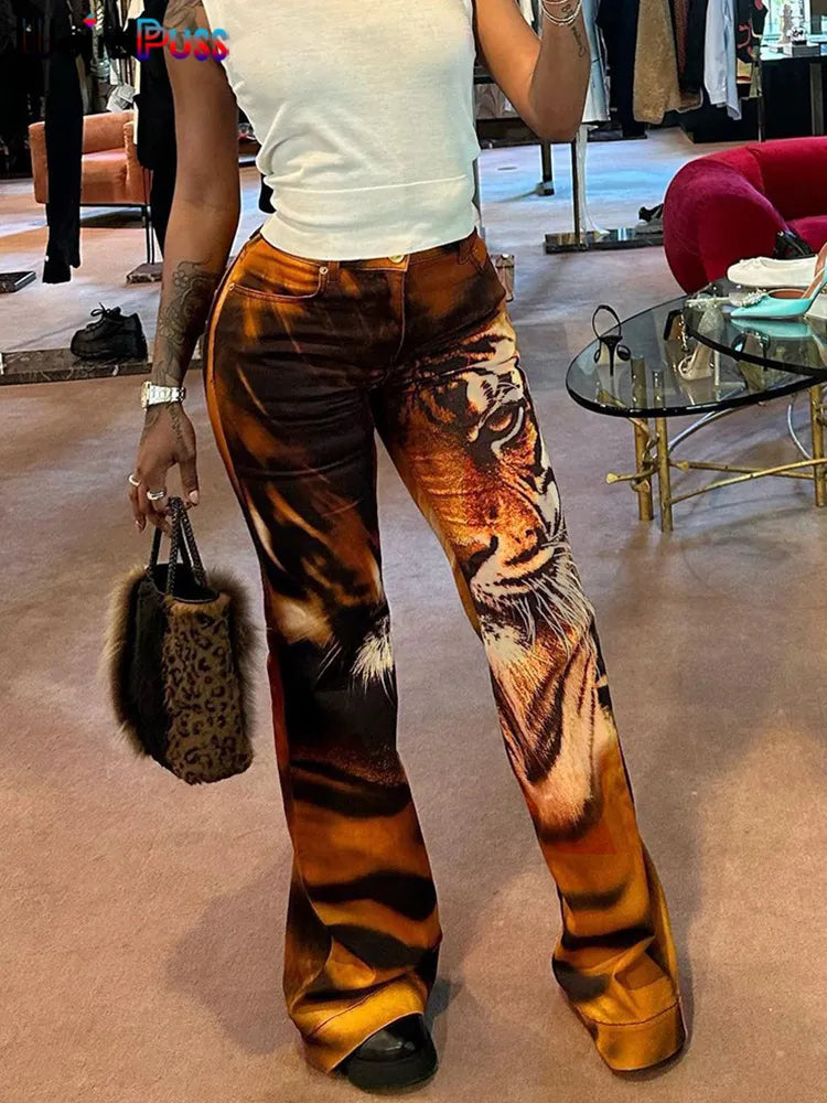 Weird Puss Tiger Print Flare Pants Women 2023 Y2K Summer Trend Skinny Elastic Wild Casual Streetwear Basic High Waist Trousers