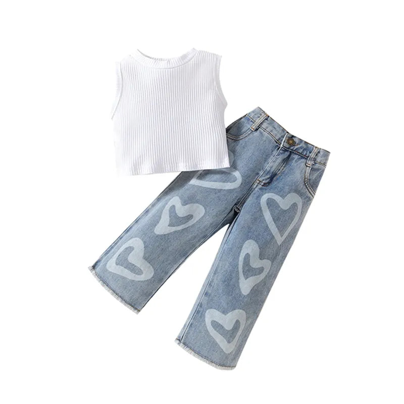 Kids Girls Clothes Suits Solid Color Ribbed Sleeveless Tank Tops and Heart Print Jeans Denim Pants 2Pcs Suit 2 piece