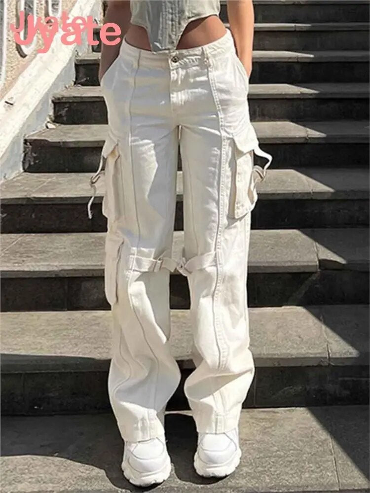 Jyate Vintage White Cargo Pants Women Y2k Streetwear Chic Pockets Low Rise Loose Jeans Female Retro Harajuku Casual Trousers