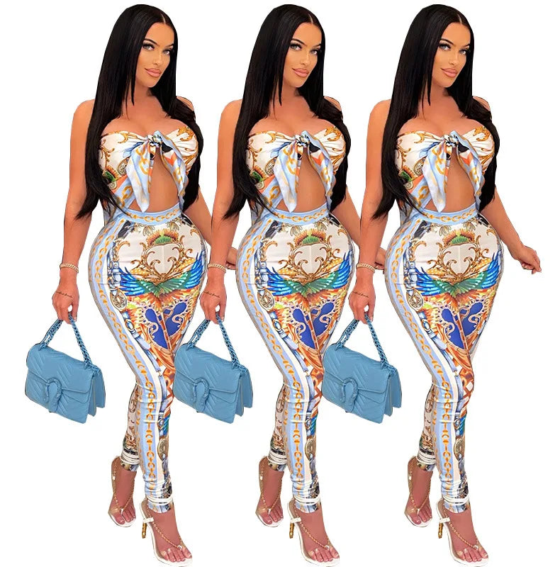 VAZN 2022 Summer Women New Sexy Holiday Style Sets Sleeveless Strapless Elastic Long Pants Printed Two Piece Sets