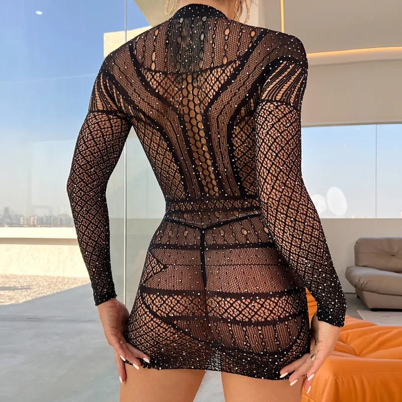 Rhinestone Transparent Women Tight Night Hollow Out Mesh Dress Sexy Fashion Sleeveless Short Stretch Bodycon Dresses Nightdress