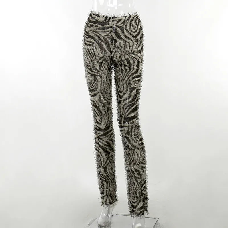 Zebra Striped Knitted Furry High Waist Pants for Women Bottoms Streetwear Fall Winter Fashion Sexy Trousers