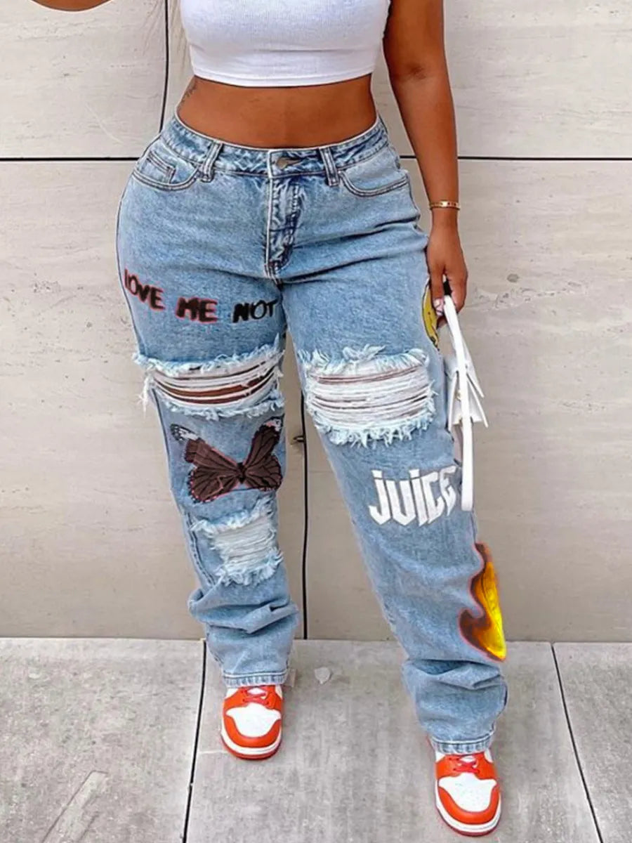 LW Plus Size High-Waist Print Stretchy Jeans Straight Zipper Fly Stretchy Daily Sheath Fashion women's pants Streetwears