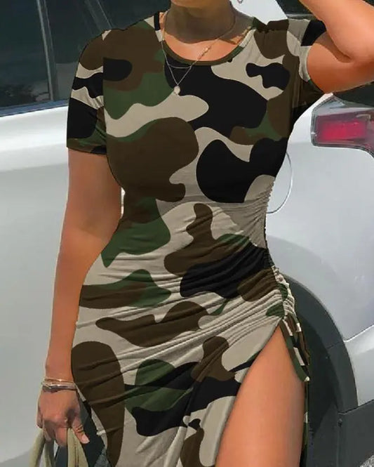 Women's Dress 2023 Spring and Summer New Fashion Shirring Camouflage Printing Round Neck Short-Sleeved Sexy High Waist Dress