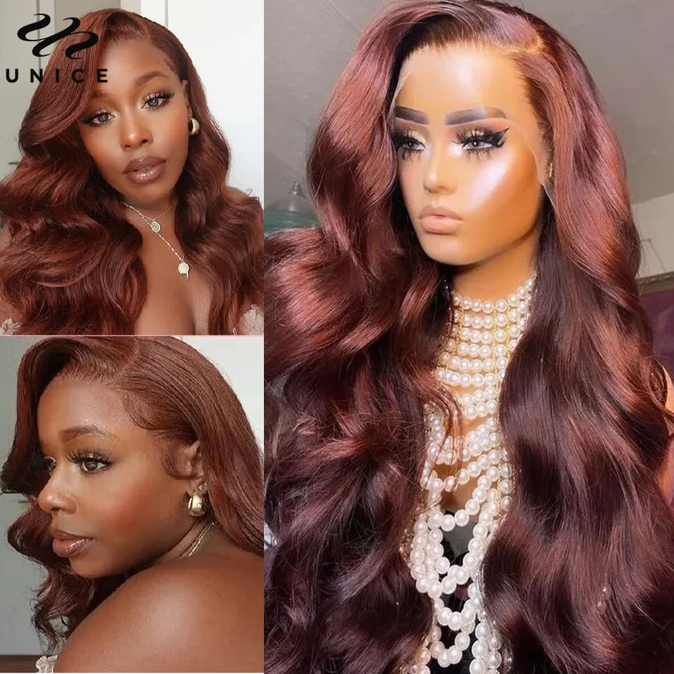 UNice Reddish Brown Body Wave 13x4 Lace Front Wig Human Hair Preplucked Lace Wig Pre-Cut 6x4.75 Lace Wear Go Glueless Wig