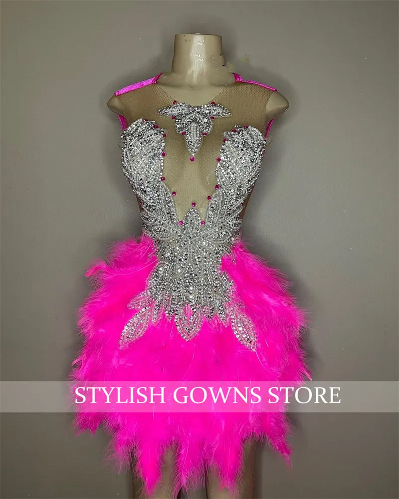 Pink Sheer O Neck Short Prom Dress For Black Girls Sparkly Beaded Crystal Birthday Party Dresses Feathers Evening Gown Mermaid