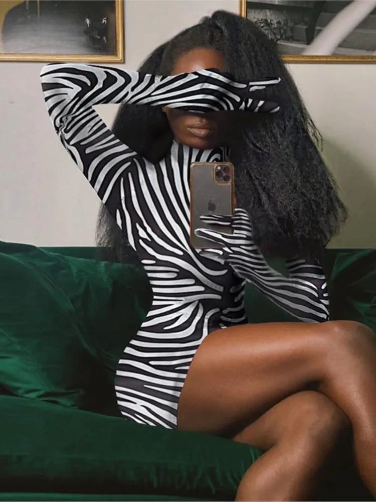 Zebra Print Women Mini Dress Long Sleeve with Gloves Bodycon Sexy Dresses Autumn Winter Clothes Club Streetwear Turtleneck Dress