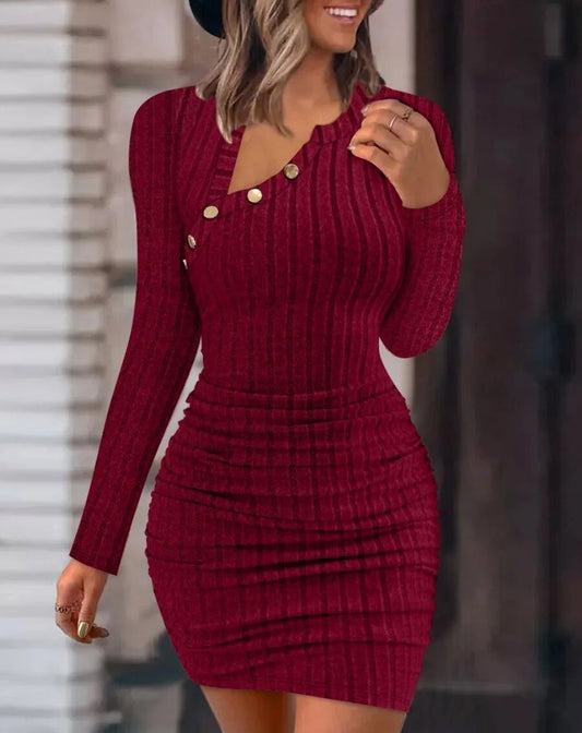 New Women's Solid Off Shoulder Oblique Neck Tight Wrap Hip Fashion Slim Fit Sexy Long Sleeve Dress