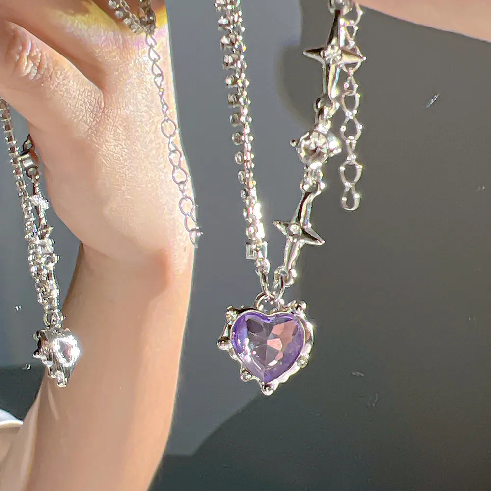 Purple Crystal Heart Pendant Necklace Women Sweet Cool Girl Punk Clavicle Chain Fashion Aesthetic Necklace Jewelry Gift