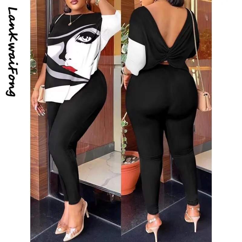 LKF New Casual Women's Set Loose Print Open Back Top Slim Fit Small Foot Pants Street Style Commuter Two Piece Set