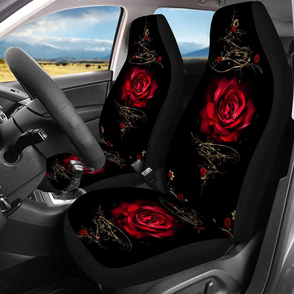 Red Rose Art Flower Printing Car Seat Cover Full Set for Women Front Rear Seat Cover Comfortable Non-slip Car Protection Cushion