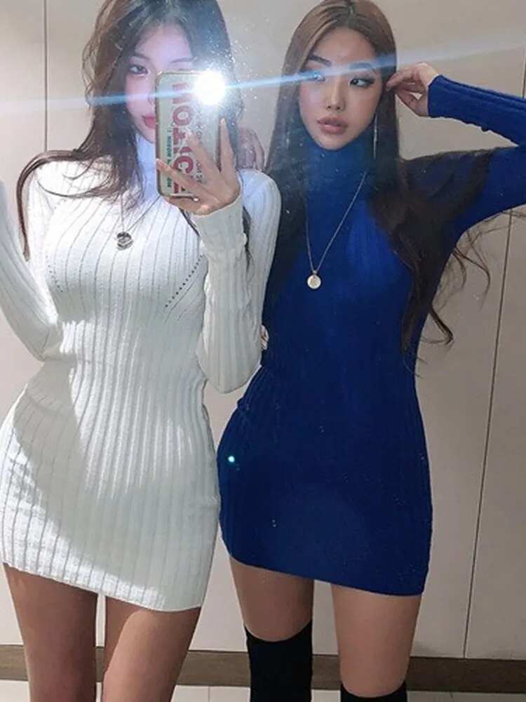 Winter Women Dress Bodycon Sweater Women Dress Long Sleeve Knitted Dresses Maxi Vintage Oversize Dresses Knitting Fall Blue 