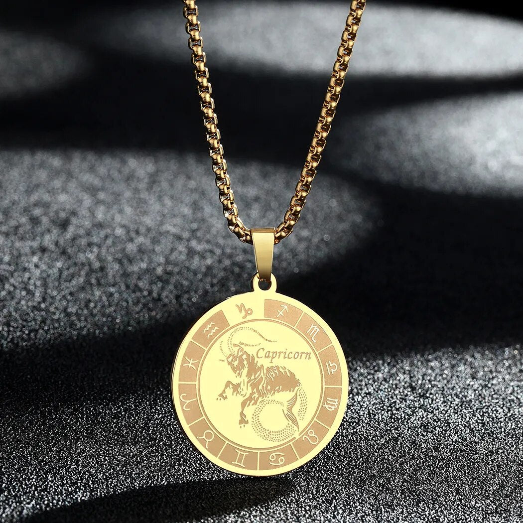 Zodiac Sign Capricorn Pendant Necklace For Women Men 12 Constellation Jewelry Choker Charm Chain Birthday Female Collar