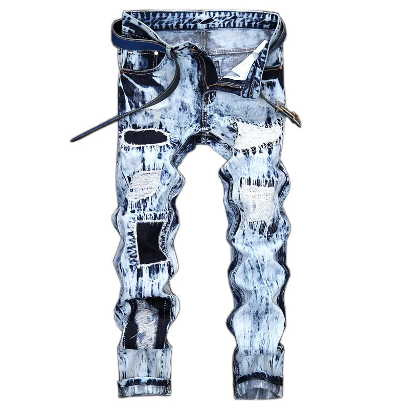 Men's Jeans Embroidery Ripped Patchwork Denim Pants Light-colored Trendy Hole Ruined Straight Large Size