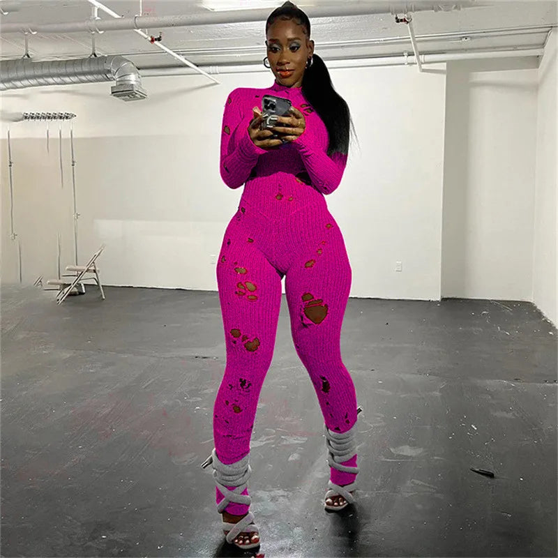 Women Holes Knitted Jumpsuits Solid Trend Sexy Back Bandage Turtleneck Long Sleeve Slim Fit Elastic Y2K Streetwear Overalls