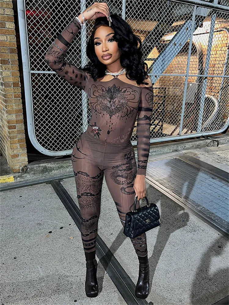 Simenual Sexy Clubwear 90s Rave Printed Mesh Women Two Piece Set Y2K Off Shoulder Bodysuit See Through Skinny Pants Co Ord Suits