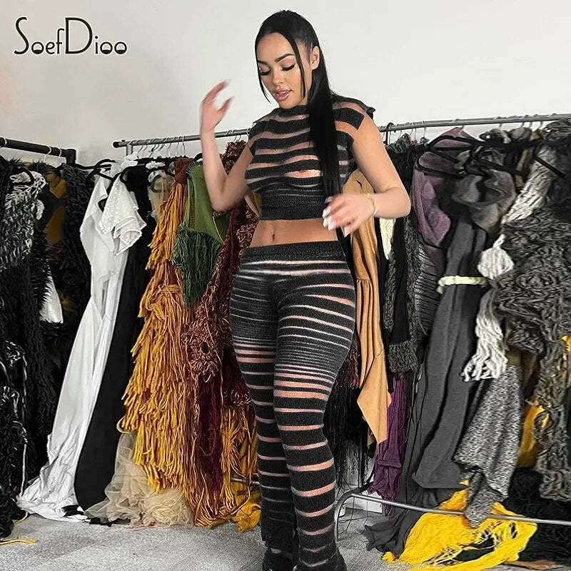 Soefdioo Striped Mesh Sexy Straight Leg Pants Women Fashion See Through High Waist Flare Trousers 2023 Summer Hipster Streetwear