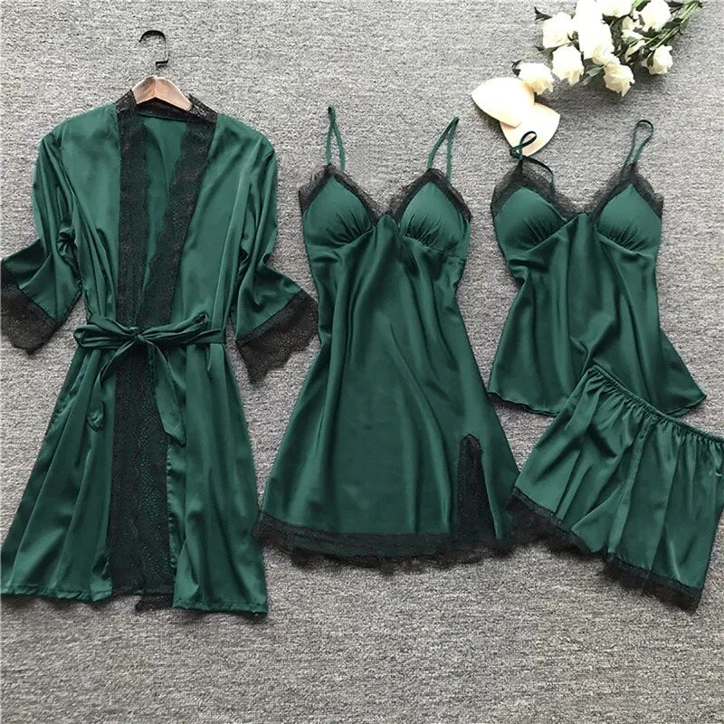 Spring Women Pajamas Sets Satin Sleepwear Silk 4 Pieces Nightwear Pyjama Strap Lace Sleep Lounge Pajama With Chest Pads