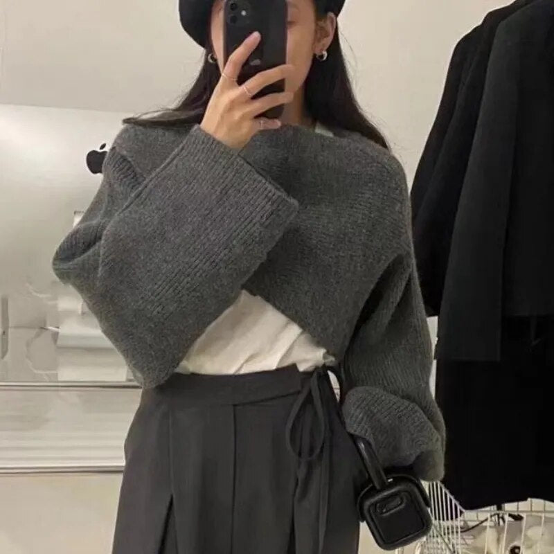 Short Pullovers Sweaters Autumn Winter 2023 Streetwear Knitted Sweater Women's Long Sleeve Cross Irregular Solid Y2K Tops 22933