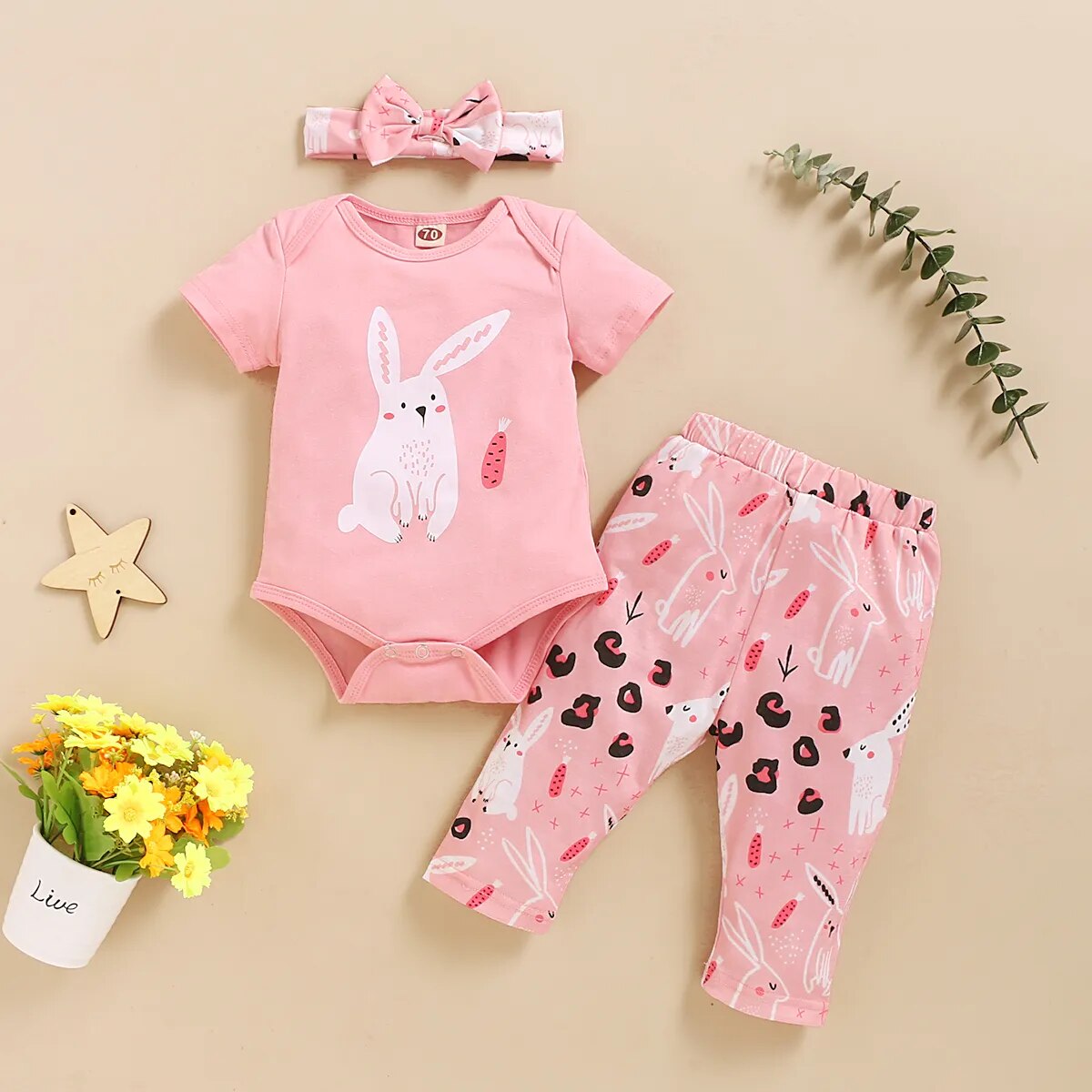 Newborn Baby Girls Romper Set Cute Rabbit Print Romper Pants + Pants with Bowknot 3Pcs Baby Girl Outfit Set Summer Casual Outfit