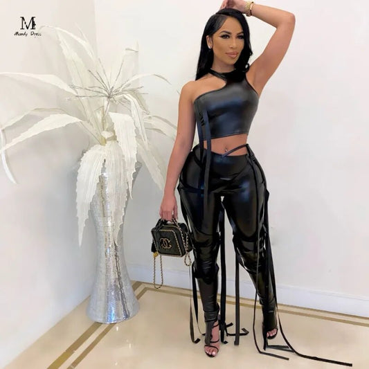 Streetwear PU Leather Set Women Outfits Bandage Vest and Pants Y2K 2023 Summer Fashion Sexy Women 2 Two Piece Suit