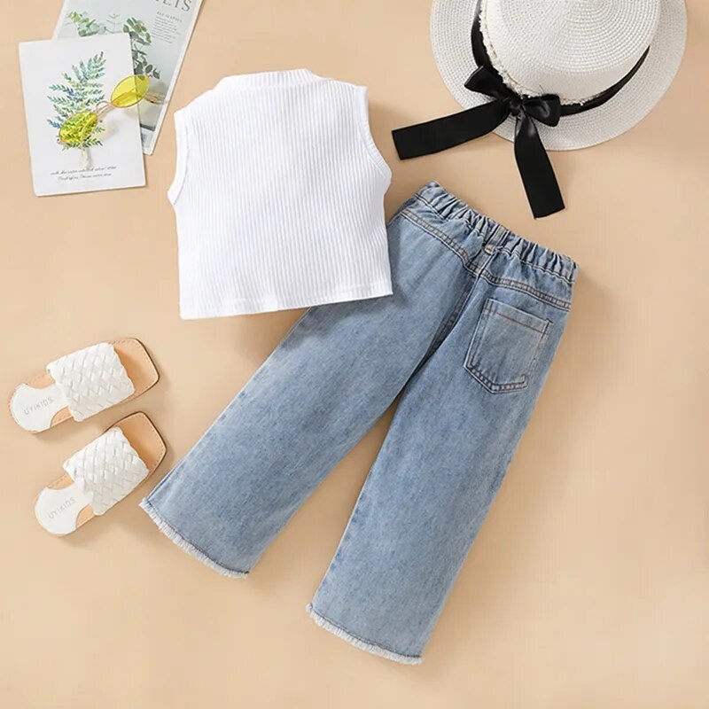 Kids Girls Clothes Suits Solid Color Ribbed Sleeveless Tank Tops and Heart Print Jeans Denim Pants 2Pcs Suit 2 piece