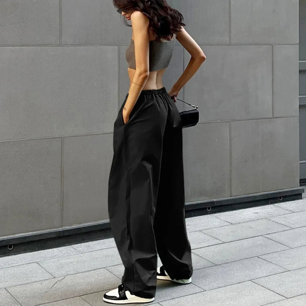 Women Pants High Waist Vintage Solid Loose Streetwear Baggy Retro Sporty Pockets Wide Leg Y2K Trousers Overalls