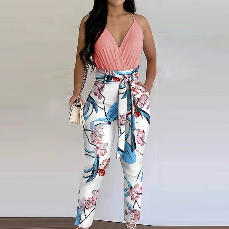 Summer conjuntos feminino Casual V-Neck Lace-Up Pocket Holiday Floral Pants Set 2023 two piece set women top and pants