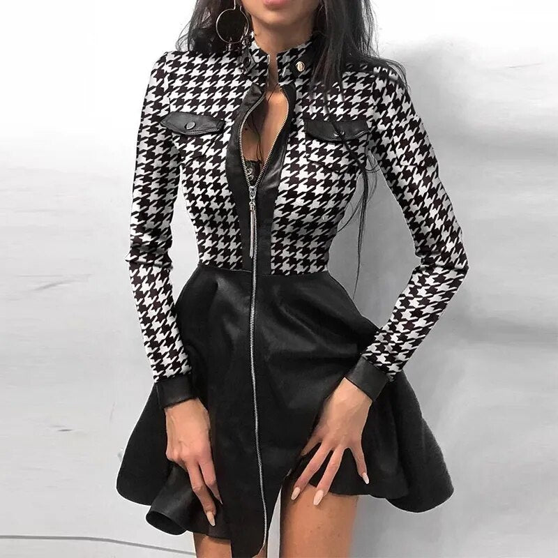 Women's Dress Sexy Lace Mesh Long Sleeve Patchwork Stand Neck Party Dress Elegant Office Zipper Pockets PU Leather Mini Dress