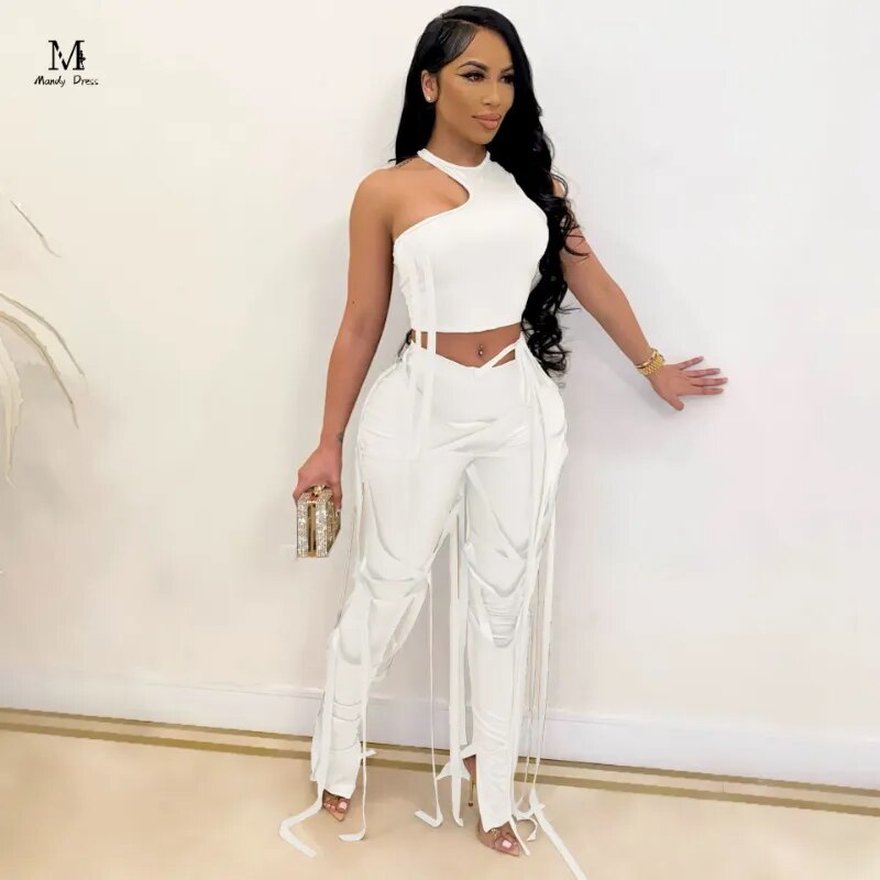 Streetwear PU Leather Set Women Outfits Bandage Vest and Pants Y2K 2023 Summer Fashion Sexy Women 2 Two Piece Suit