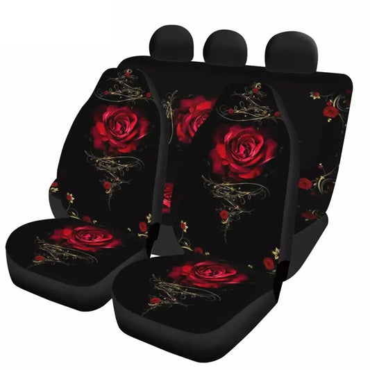 Red Rose Art Flower Printing Car Seat Cover Full Set for Women Front Rear Seat Cover Comfortable Non-slip Car Protection Cushion