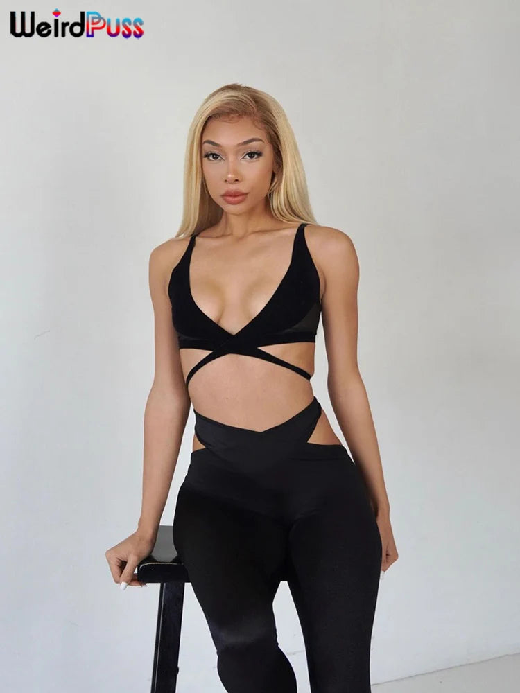 Weird Puss Tracksuit Women Summer 2 Piece Set Cross Patchwork Camisole Tops+High Waist Hollow Bandage Foot Pants Sexy Activewear