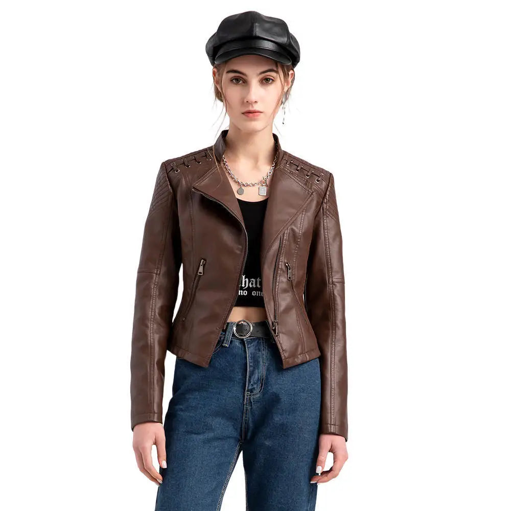 Women Fashion Lace-up Leather Jacket Slim Fit Spring Autumn Motorcycle Zipper Jacket