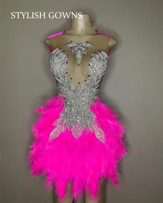 Pink Sheer O Neck Short Prom Dress For Black Girls Sparkly Beaded Crystal Birthday Party Dresses Feathers Evening Gown Mermaid