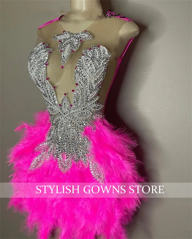 Pink Sheer O Neck Short Prom Dress For Black Girls Sparkly Beaded Crystal Birthday Party Dresses Feathers Evening Gown Mermaid