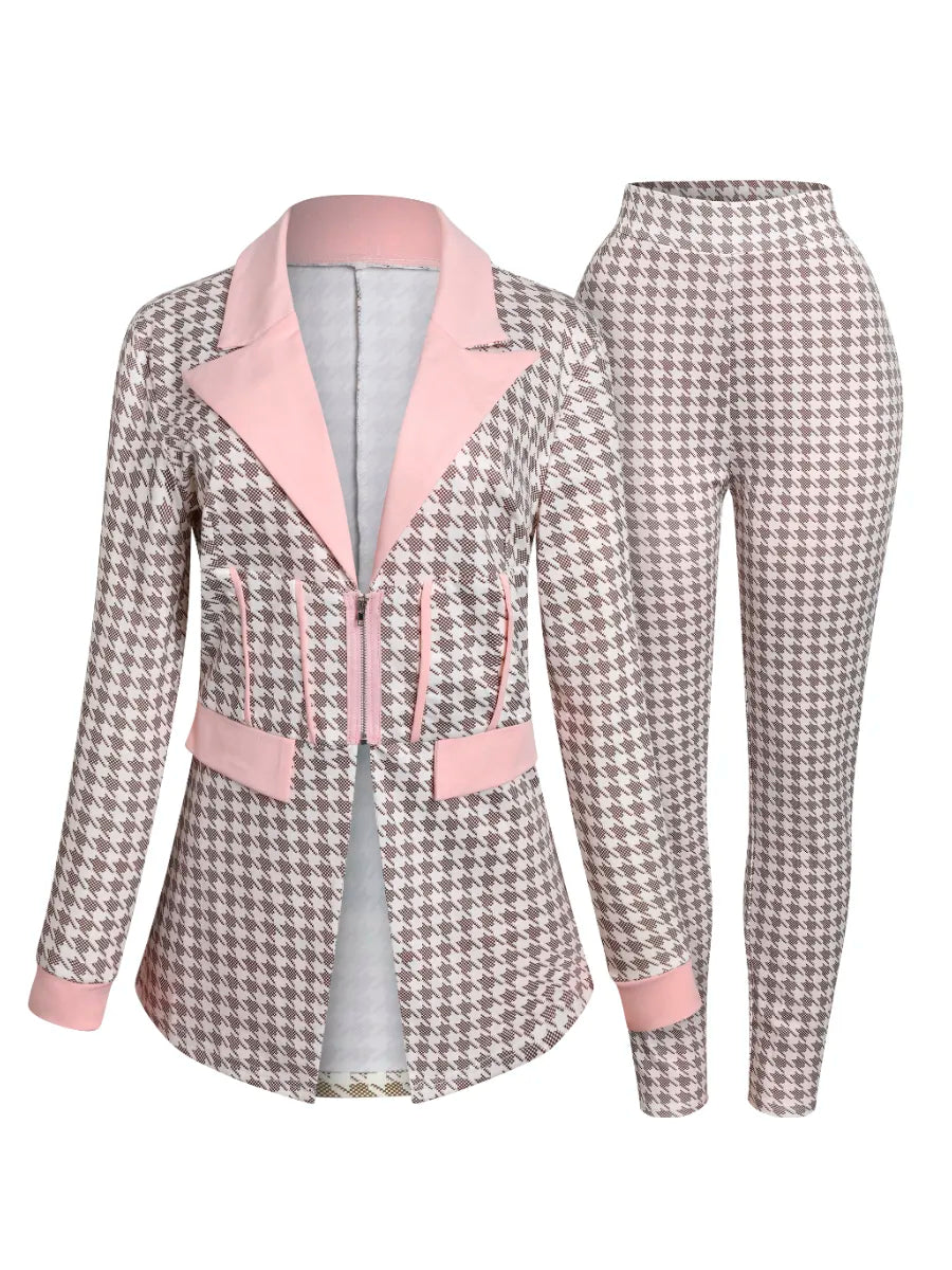 LW Plus Size Houndstooth Blazer Pants Set Women Pants Blazers Tops Pencil Pants Two-Piece Office Lady Fashion Outfits Autumn suit