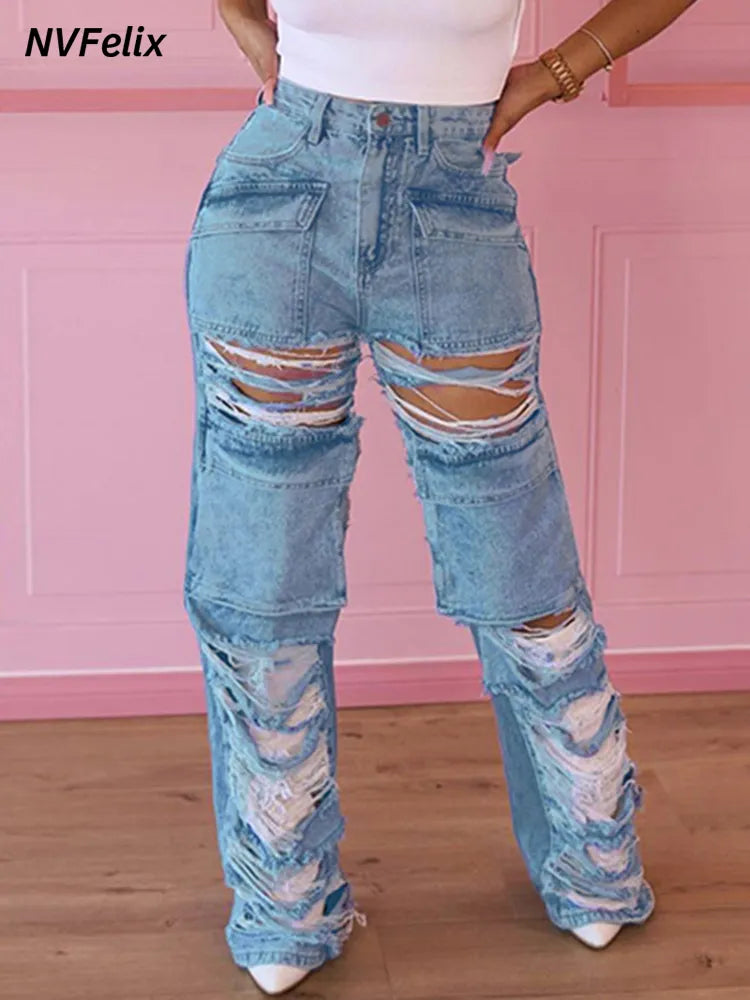 Women Hole Jeans Y2k Clothing Baggy Straight Denim Jeans Vintage 90s High Waist Loose Casual Long Pants Streetwear New Clothes