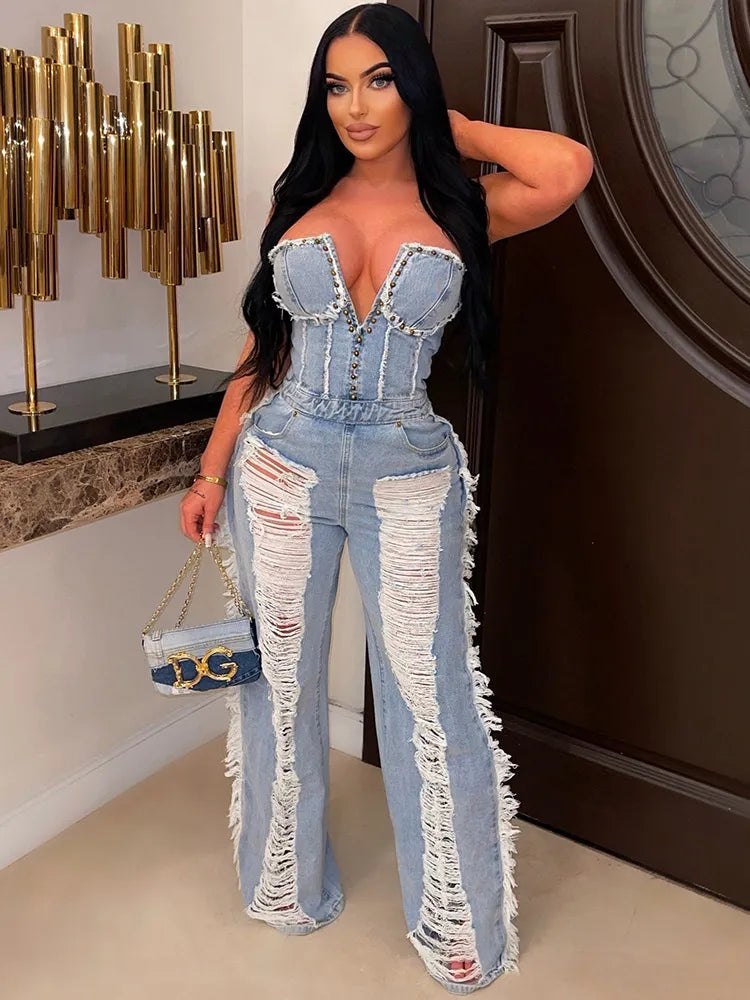 Sibybo Tassel Hollow Out  Overalls For Women Studded Diamond Strapless Backless Jeans Street Fashion Trend Jumpsuite Femme