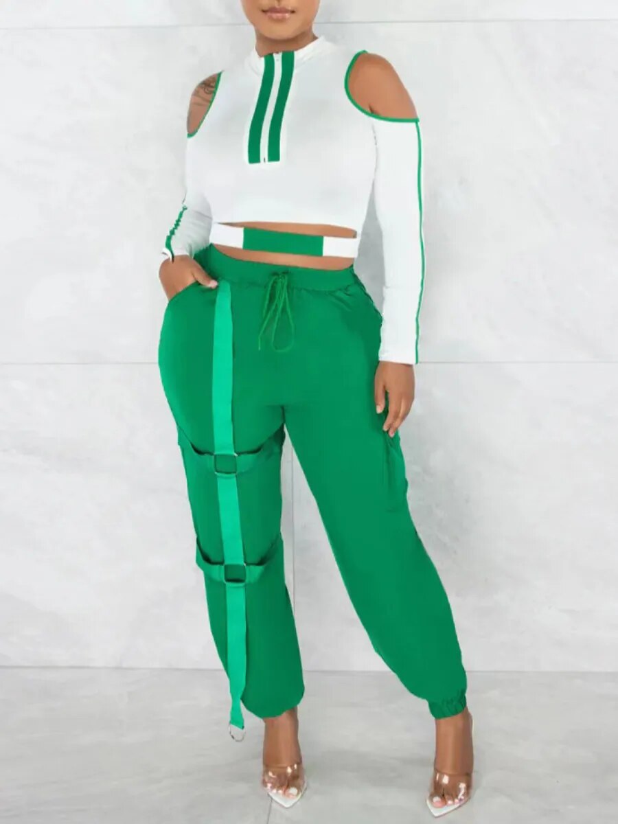 Plus Size Women Color Block Zipper Cut Out Round Neck Cold Shoulder Pierced Drawstring Design Two Piece Suits Pants Set