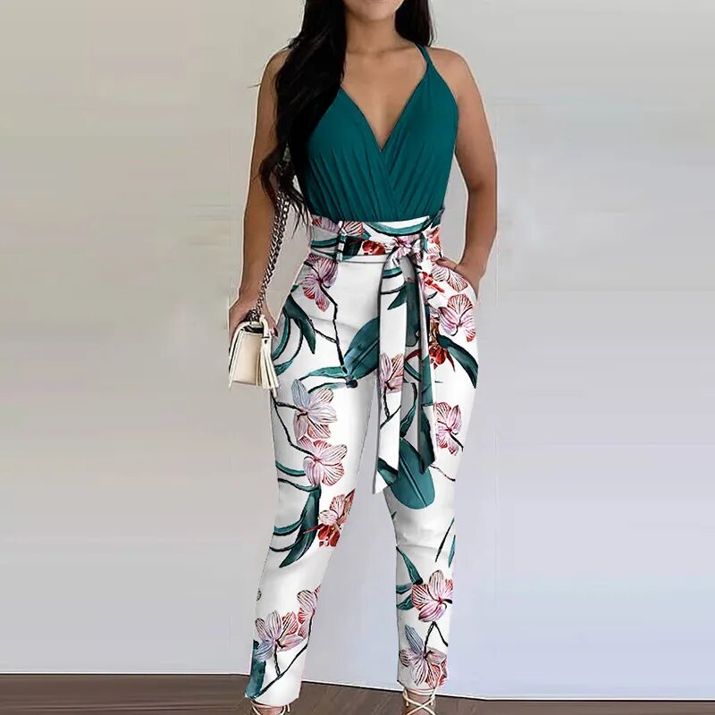 Summer conjuntos feminino Casual V-Neck Lace-Up Pocket Holiday Floral Pants Set 2023 two piece set women top and pants