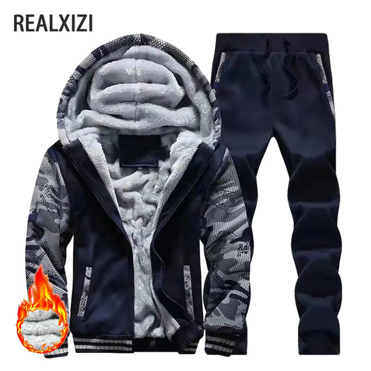 Men's Winter Jackets Thick Warm Jacket Brand Sportswear Coat Pants Solid Color Fleece Zipper Hooded Long Sleeved Male Outerwear