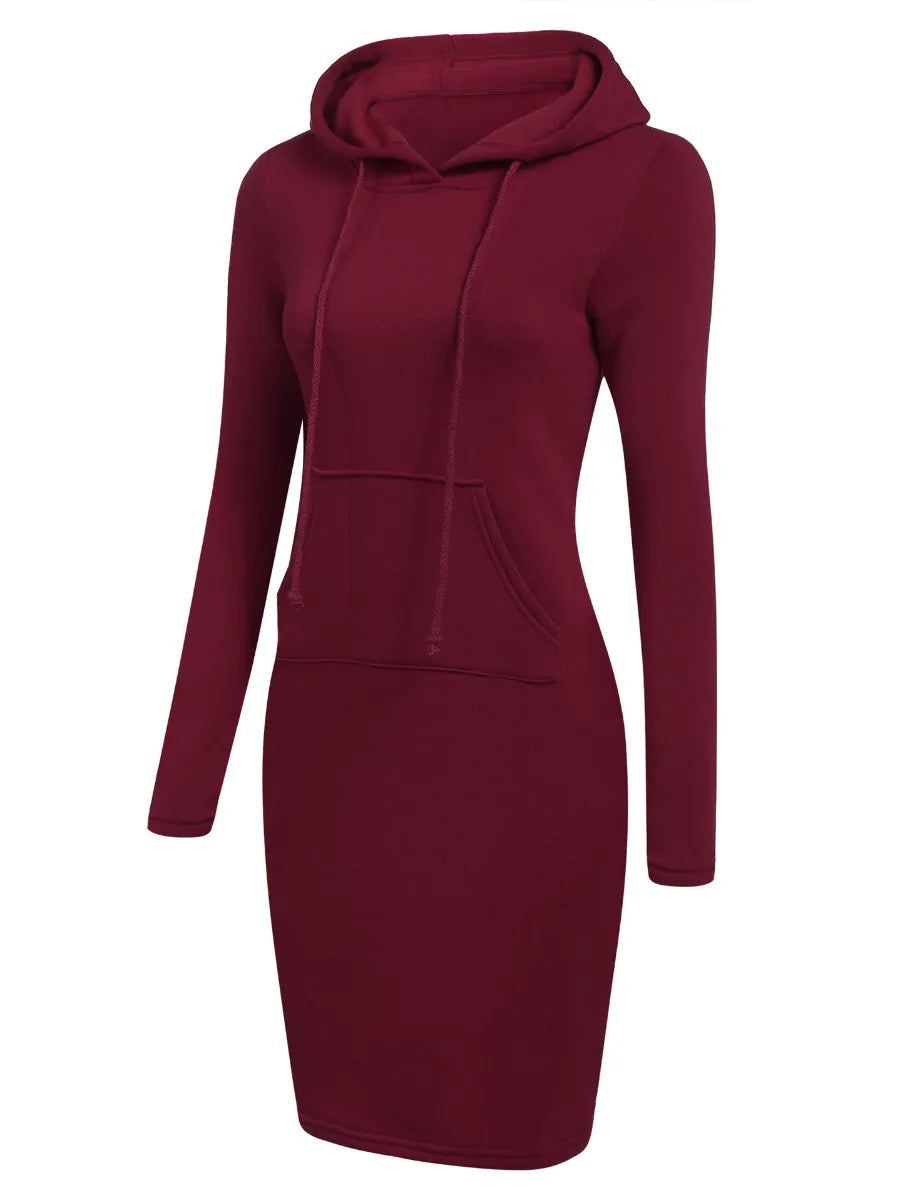 Casual Women Kangaroo Pocket Solid Sweat Dress Hooded Collar Long Sleeve  Fall & Winter Mini Dresses